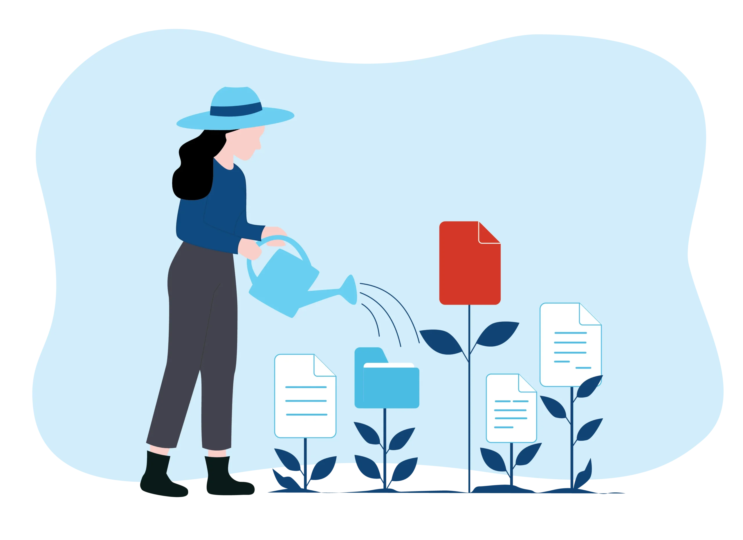 Illustration of a woman watering plants that grow into document and folder icons, representing the organization and growth of a content library.